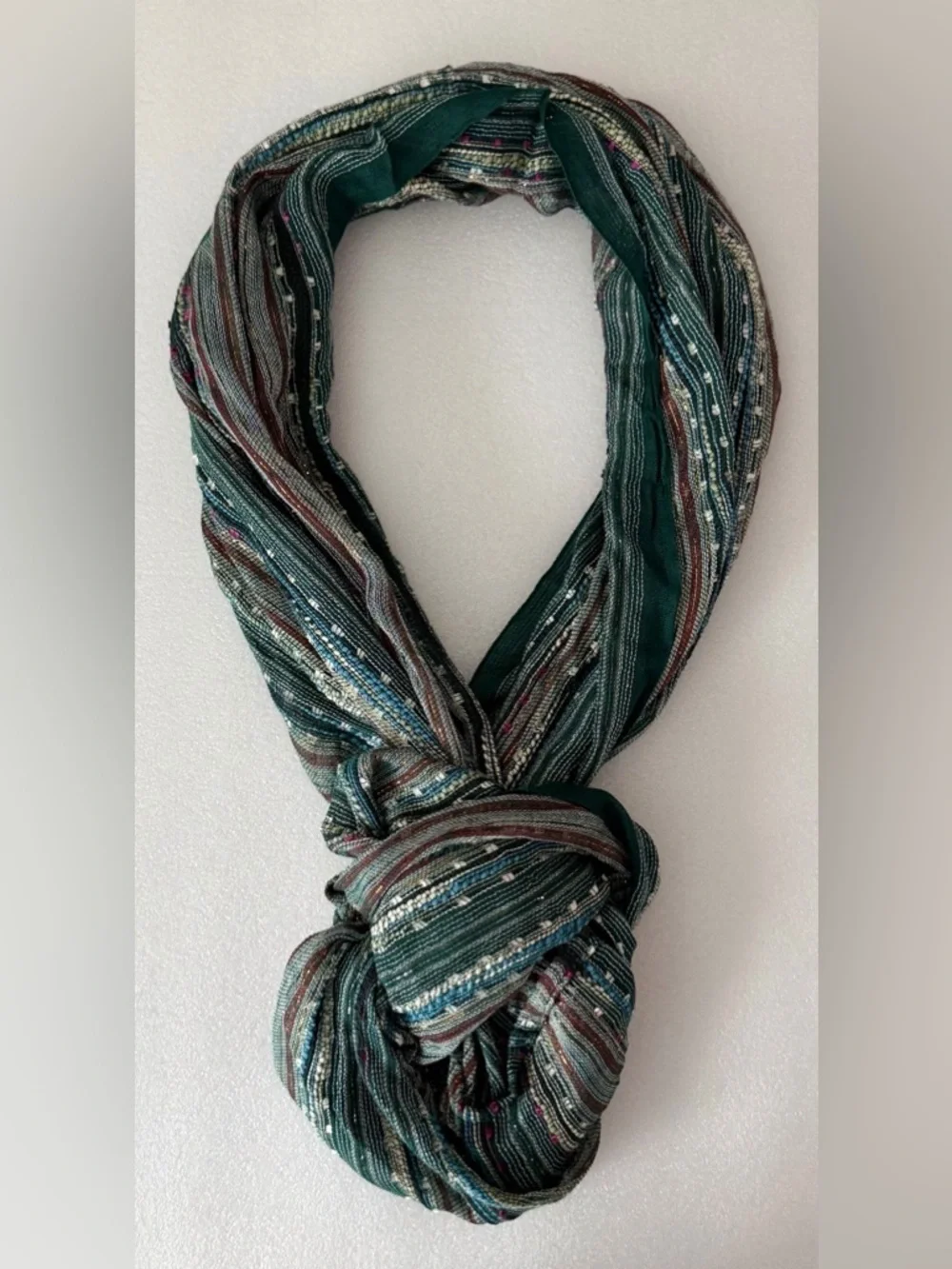 Boho Textured Infinity Scarf Green Multi Stripe Woven Lightweight Artisan Style